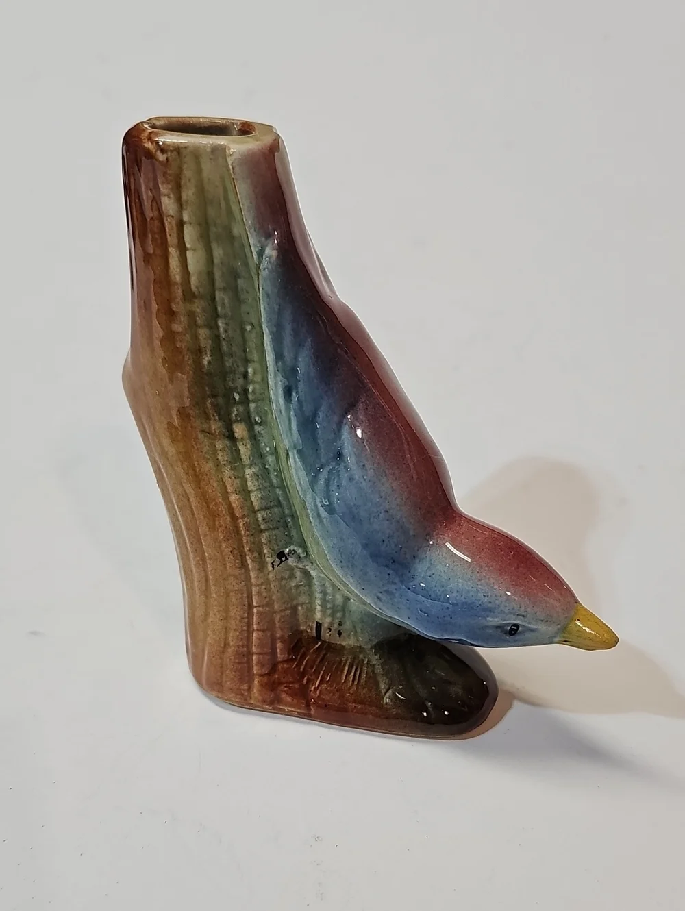 Vintage Ceramic Blue + Pink Nuthatch Bird Figural Bud Vase